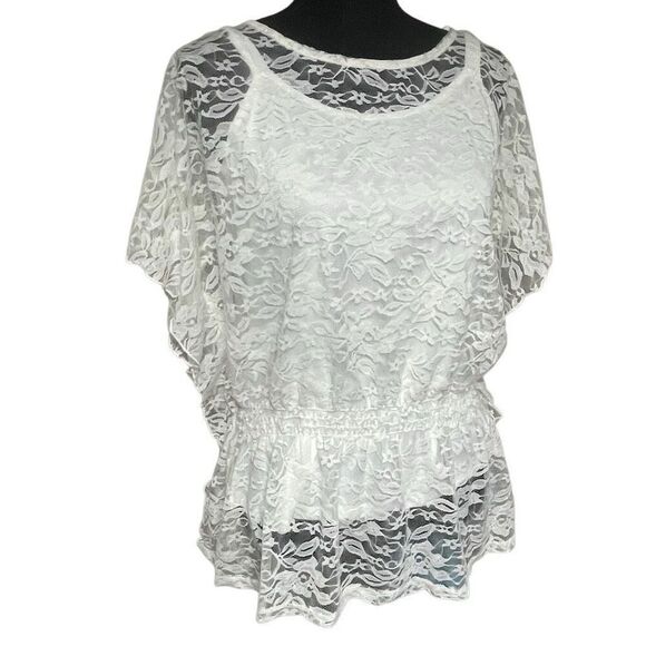 AB Studio Off White Peplum Butterfly Sleeve Lace Top - Picture 1 of 6